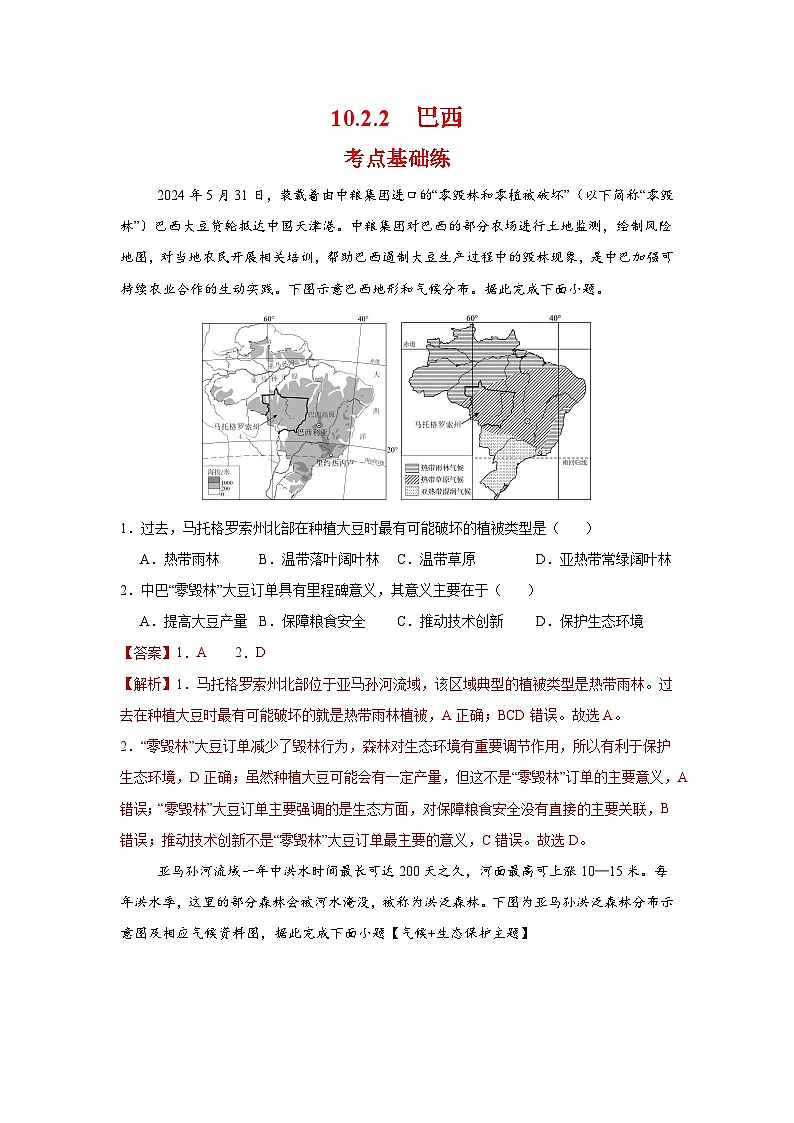10.2.2 巴西第二课时(分层作业)(解析版)初中地理人教版(2024)七年级下册第1页