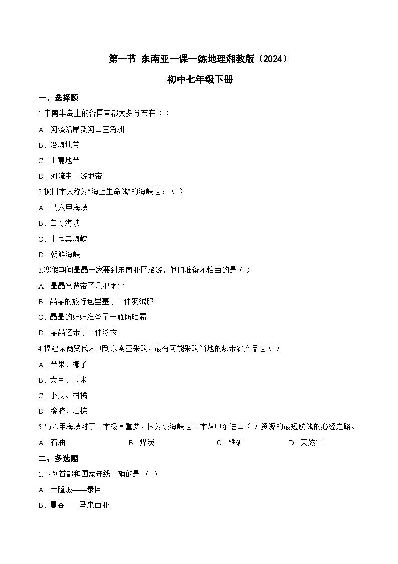第一节 东南亚一课一练地理湘教版(2024)初中七年级下册(无答案)第1页