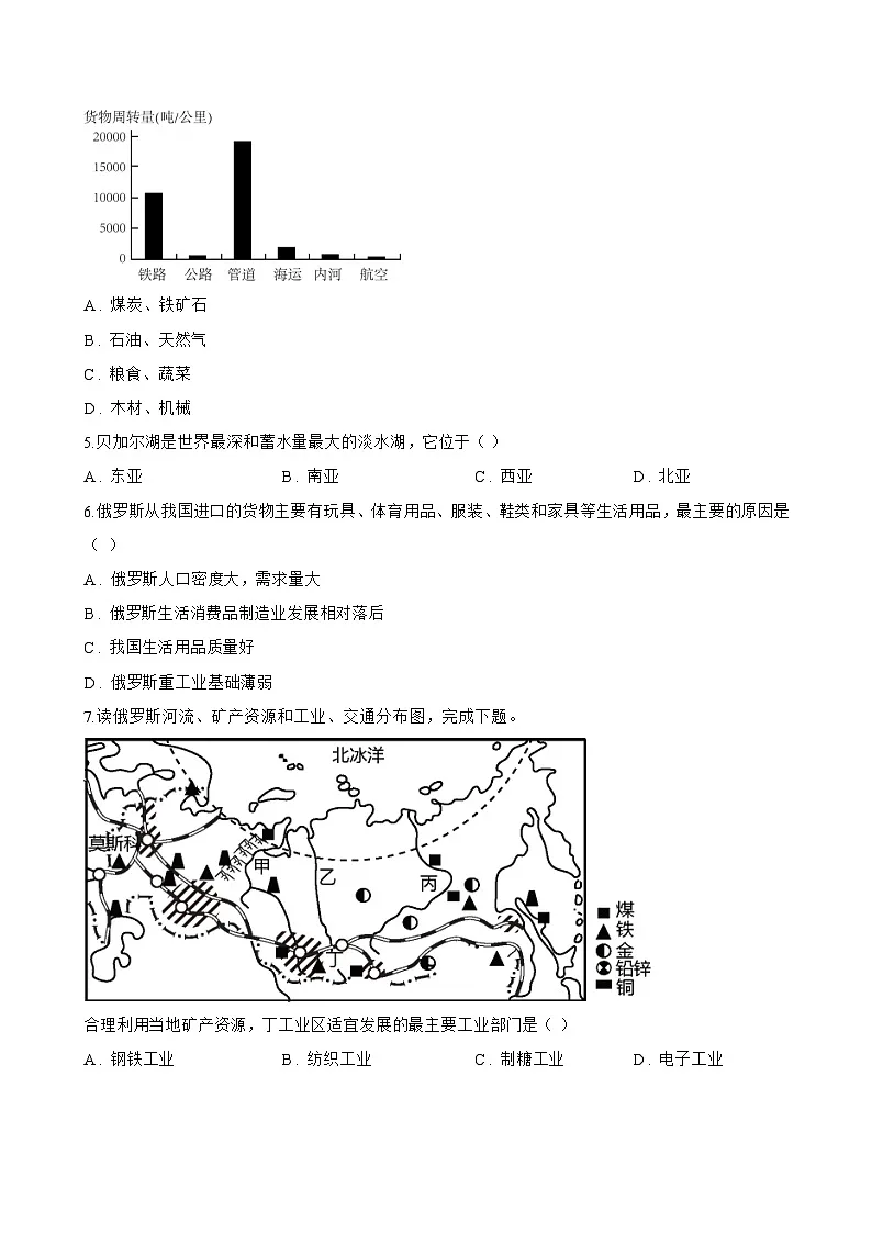 第四节 俄罗斯一课一练地理人教版(2024)初中七年级下册(无答案)第2页