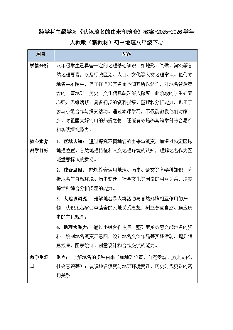 第八章跨学科主题学习《认识地名的由来和演变》教案-2025-2026学年人教版(新教材)初中地理八年级下册第1页