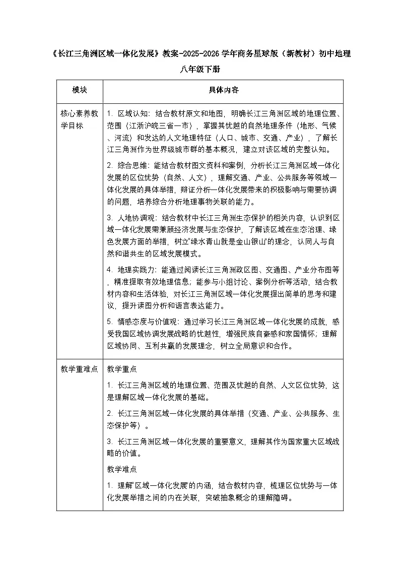 第十章第三节《长江三角洲区域一体化发展》教案-2025-2026学年商务星球版(新教材)初中地理八年级下册第1页
