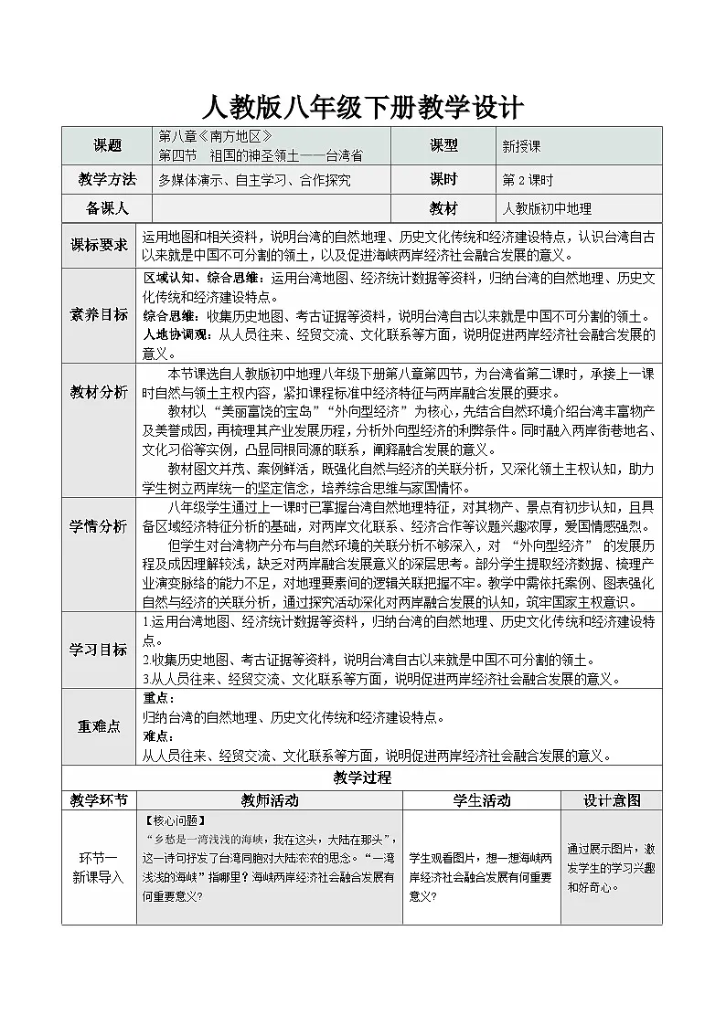 8.4.2祖国的神圣领土—台湾省(教学设计)第1页