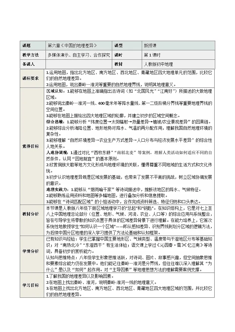 人教版2024初中地理八下第六章《中国的地理差异》情境教学设计第1页
