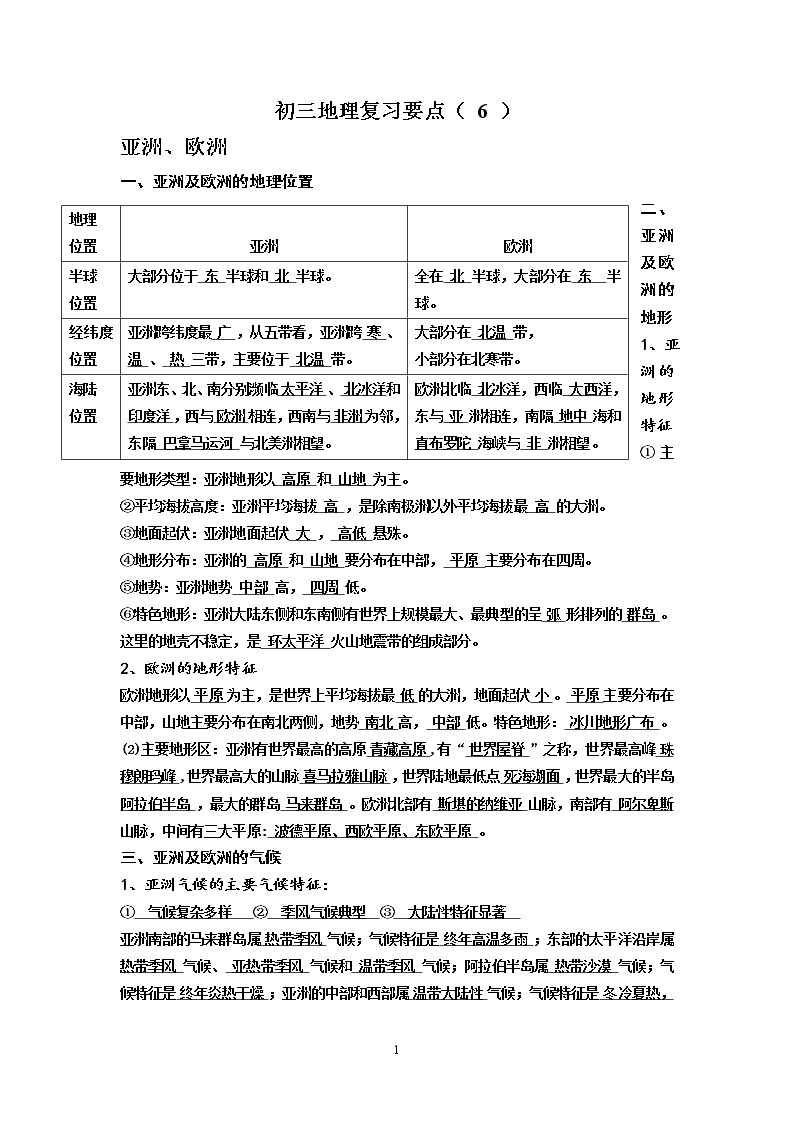 初三地理复习要点（6） 试卷01