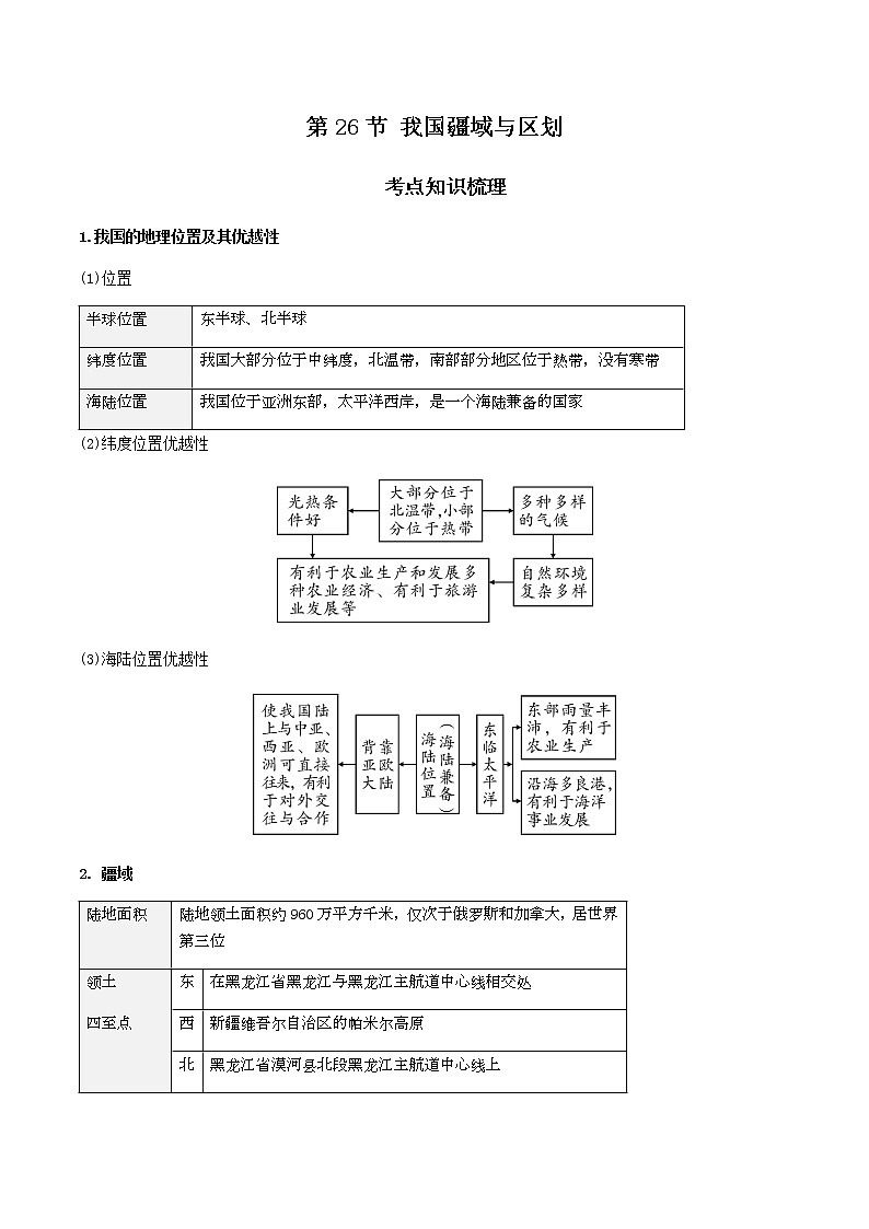 2021年人教版中考地理一轮复习 考点梳理 真题回顾 26 我国的疆域与区划01