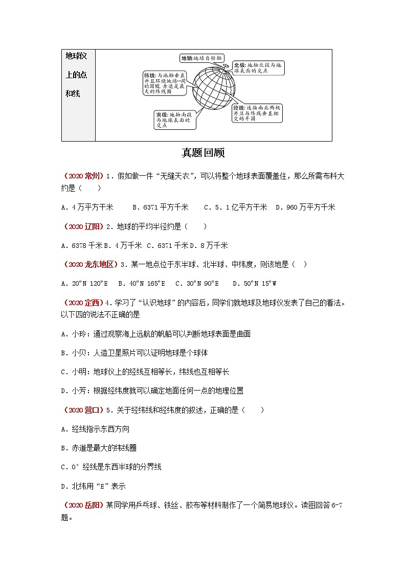 2021年人教版中考地理一轮复习 考点梳理+真题回顾 1 地球的形状和大小02