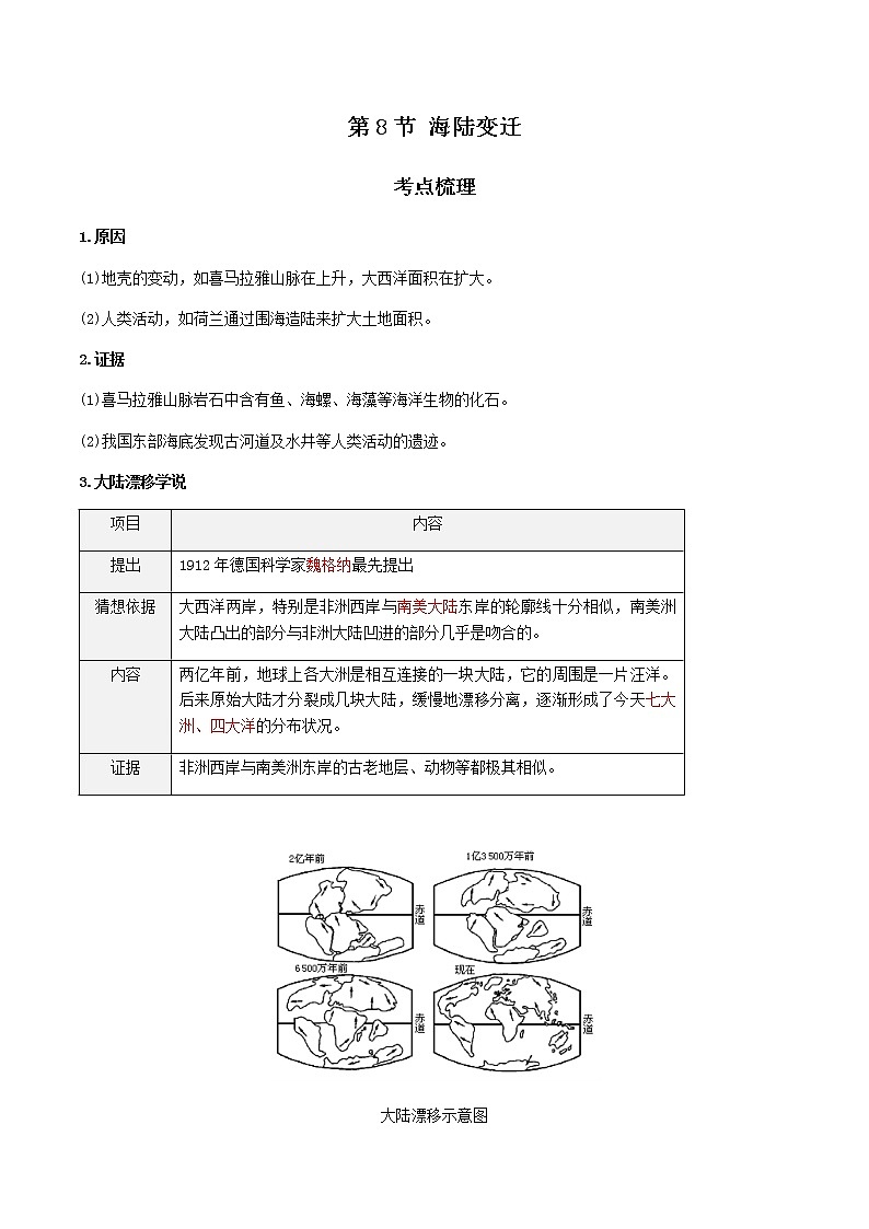2021年人教版中考地理一轮复习 考点梳理+真题回顾 8 海陆变迁01