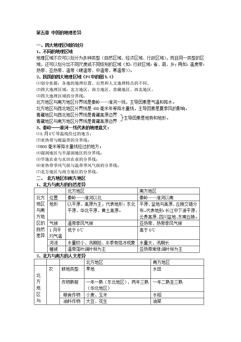 2021年中考地理总复习资料:八年级上册第5章《 中国的地理差异》第1页