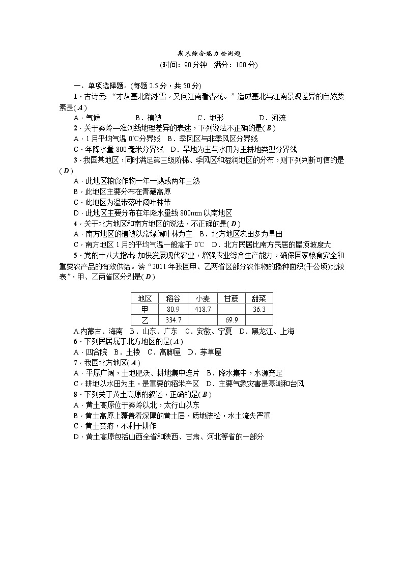 人教版2020-2021学年八年级下册地理 期末综合能力检测题01