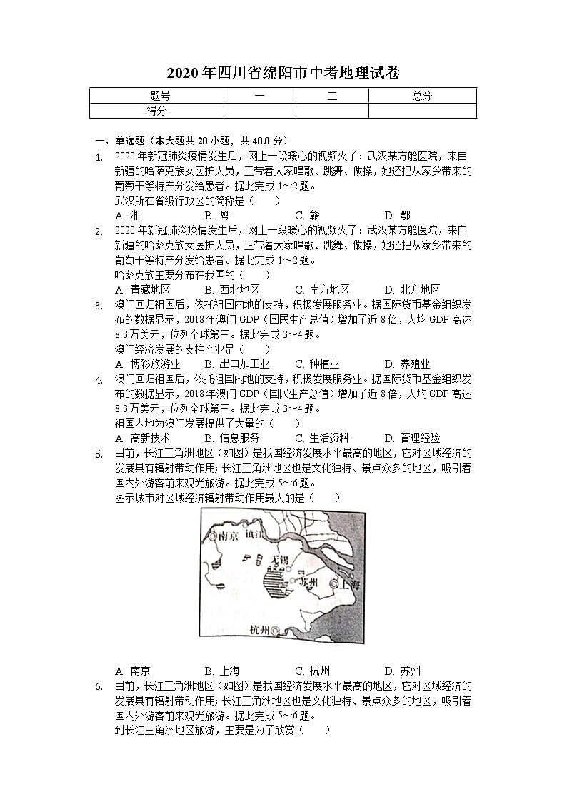 2020年四川省绵阳市中考地理试卷01