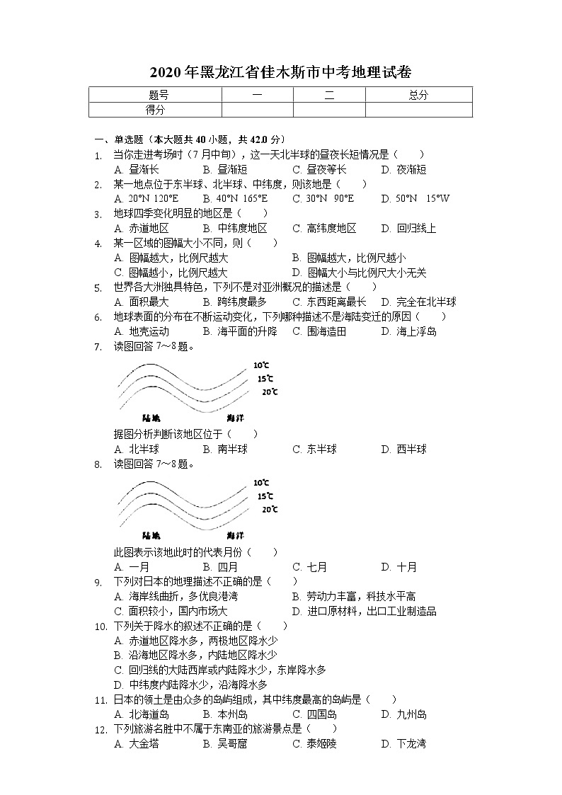 2020年黑龙江省佳木斯市中考地理试卷01