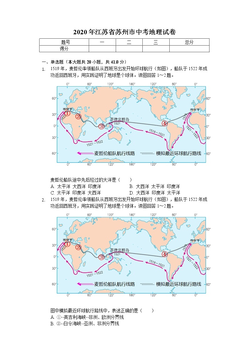 2020年江苏省苏州市中考地理试卷01