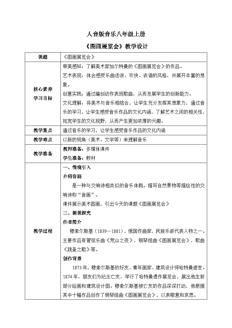 【核心素养目标】人音版(2012)音乐八上4.3《图画展览会》课件+教学设计+素材01