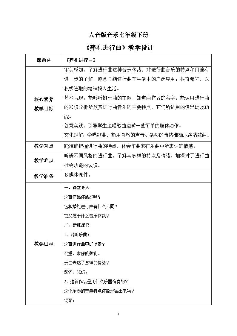 【核心素养目标】人音版(2012)音乐七下1.5 葬礼进行曲 教学设计第1页