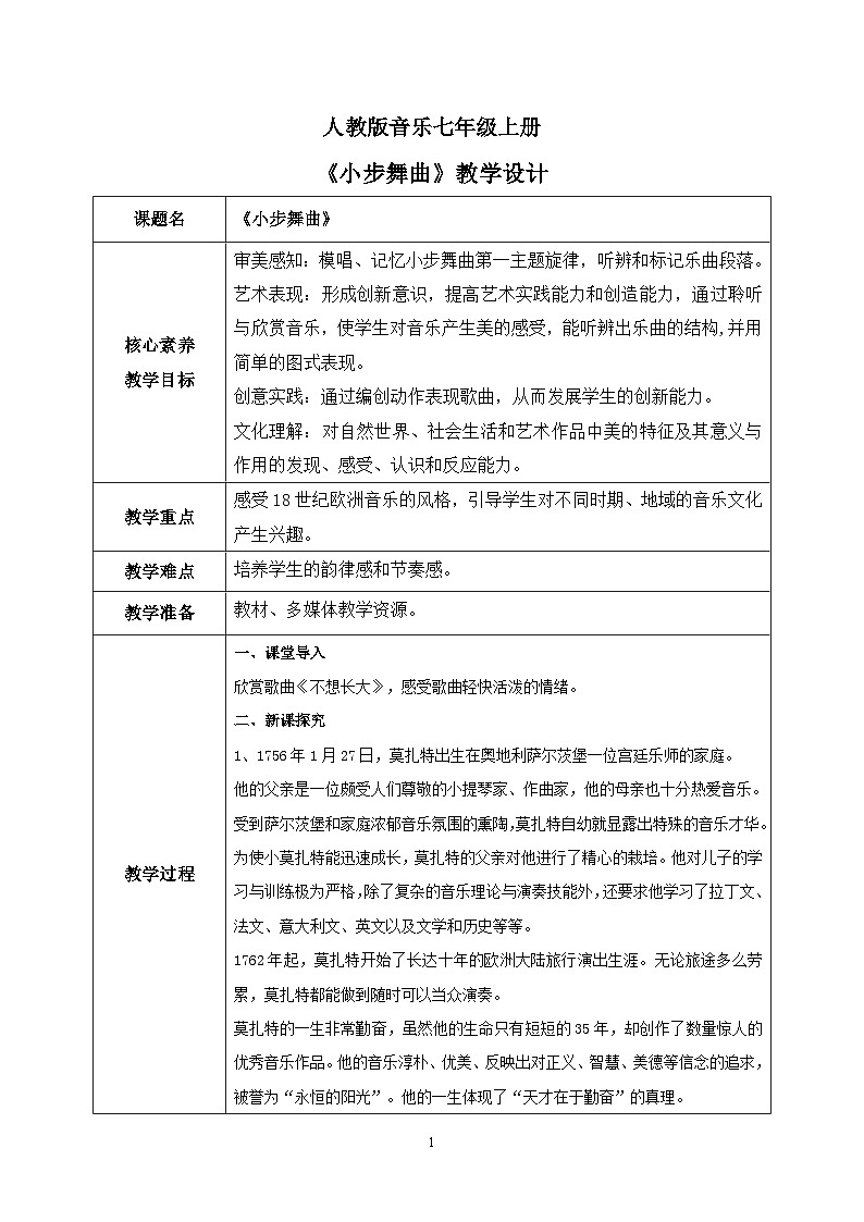 【核心素养目标】人教版(2012)音乐七年级上6.4 小步舞曲 课件+教学设计+素材01