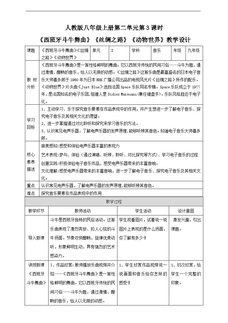 【人教版】八上音乐 第二单元第3课时《西班牙斗牛舞曲》《丝绸之路》《动物世界》(课件+教案+素材)01