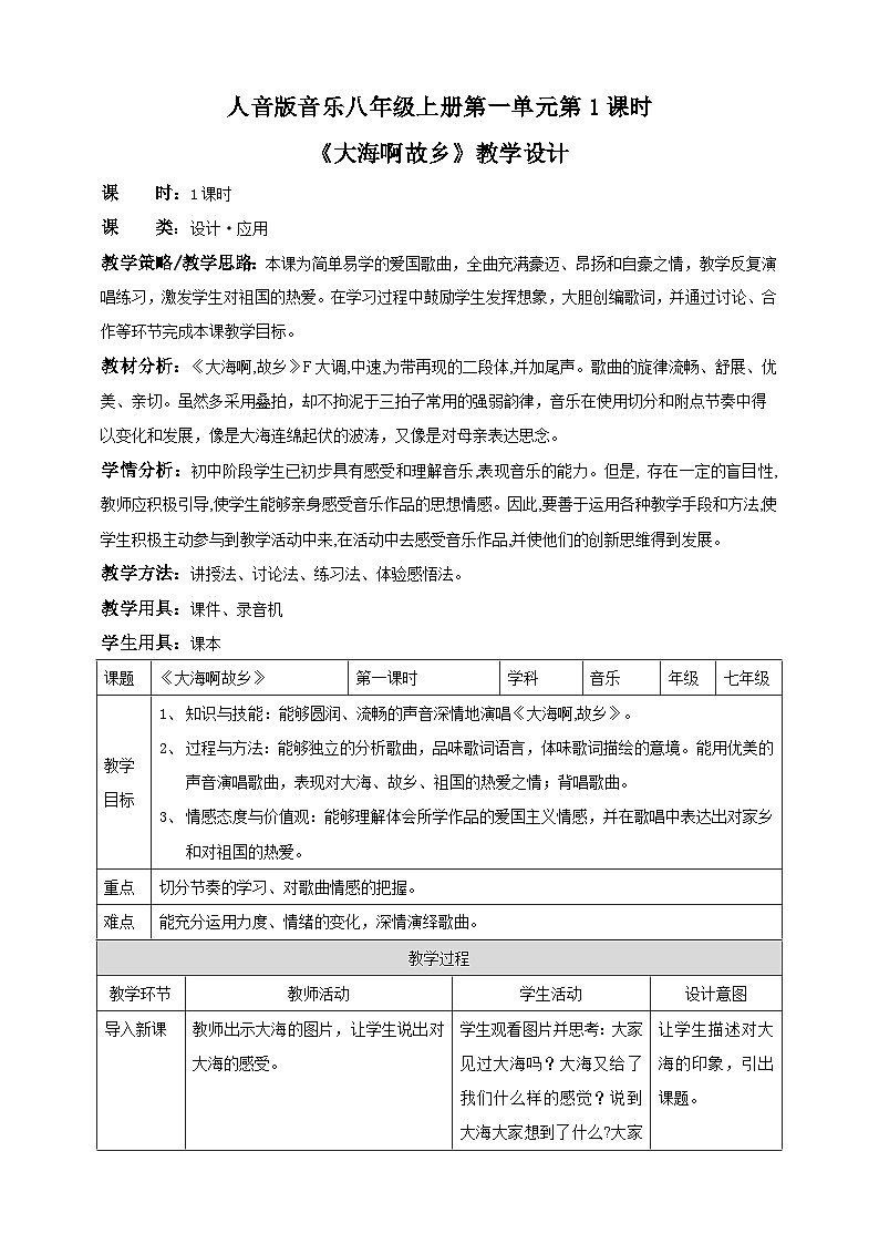 人音版八年级上册第1节第1课时《大海啊故乡》(教案)第1页