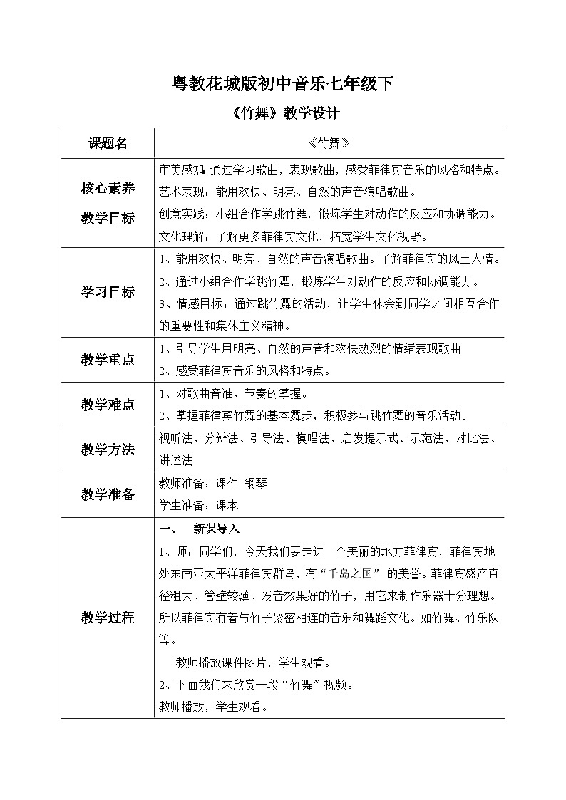 【核心素养目标】粤教花城版初中音乐七年级下册+4《竹舞》课件+教案+素材(含课后反思)01
