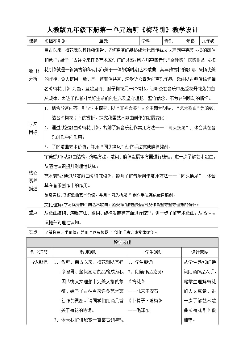 【核心素养】人教版音乐九年级下册1.4《选听:梅花》引 课件+教案+素材01