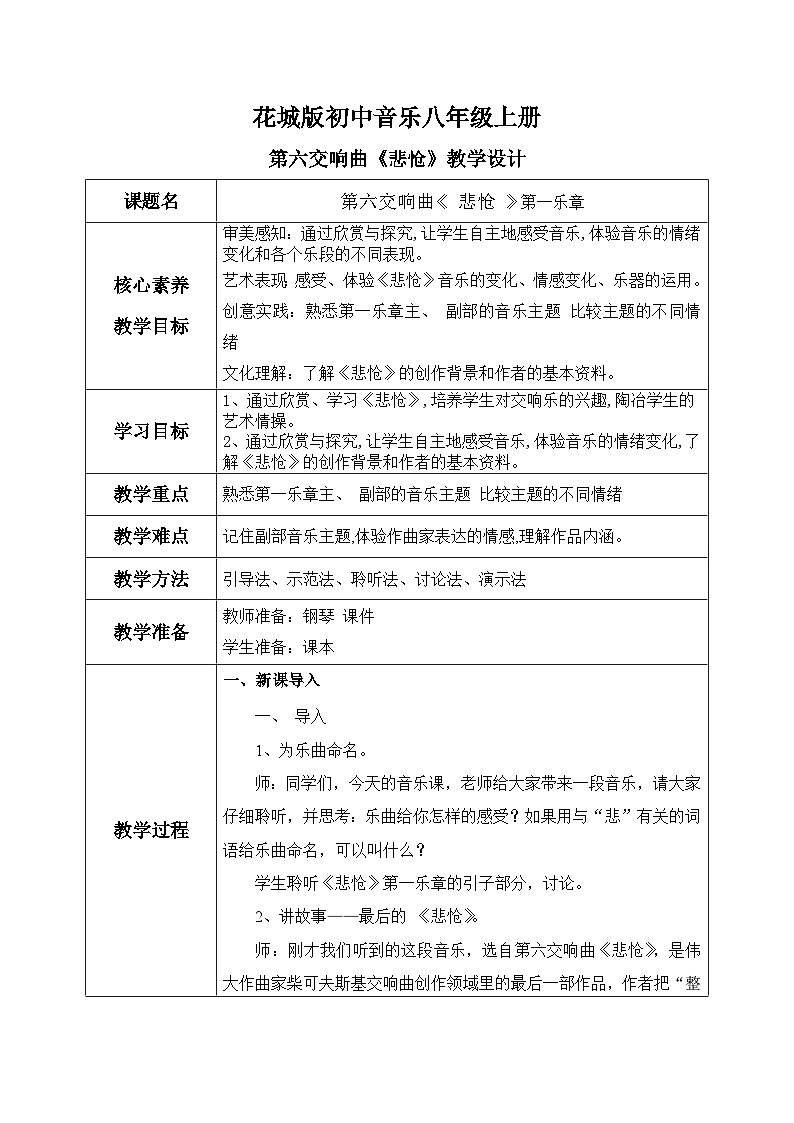 【核心素养目标】花城版初中音乐八年级下册 《悲怆》 教案第1页