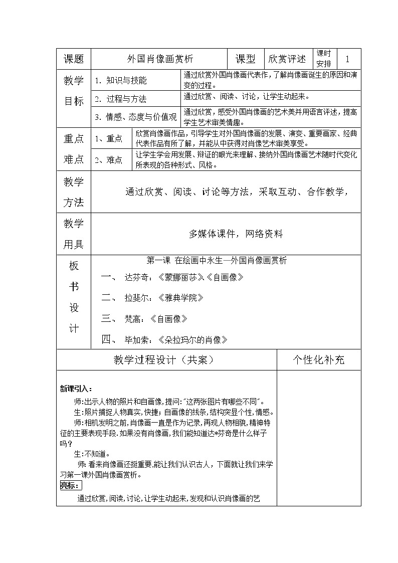 江苏少年儿童出版社初中美术七年级下册 第9课 在绘画中永生——外国肖像画 教案01