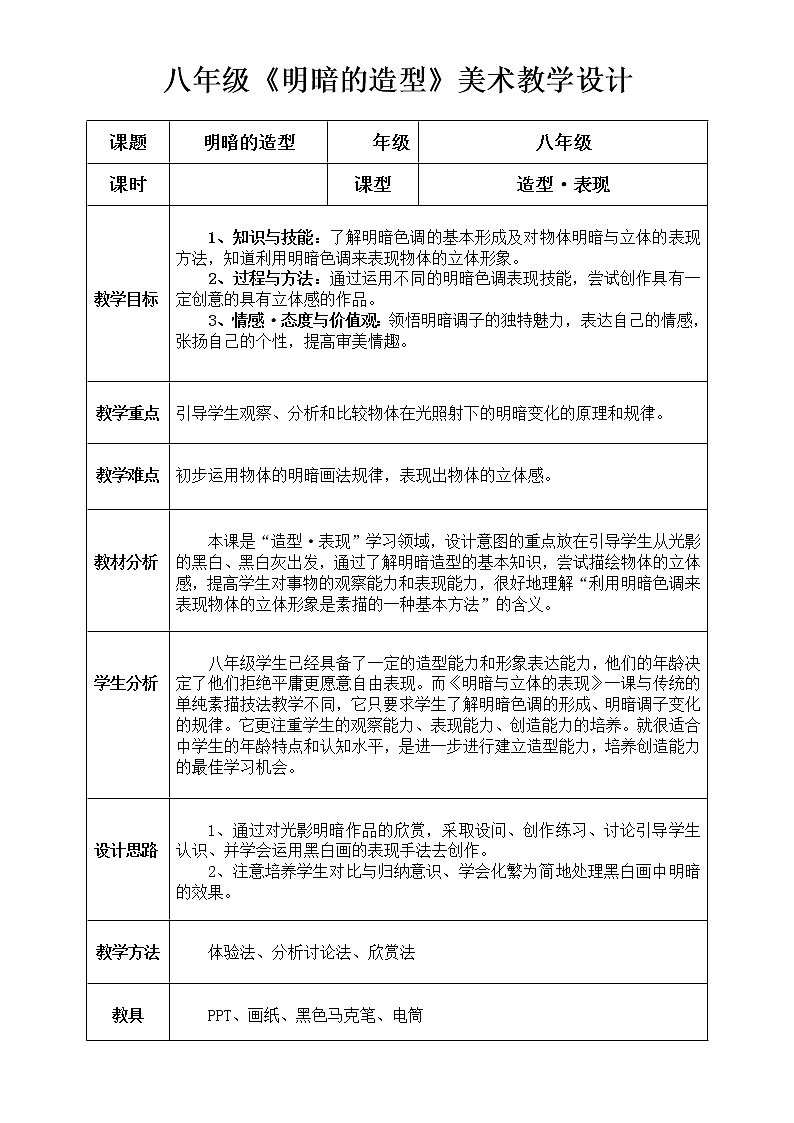 岭南版美术八下 5明暗的造型 教案第1页
