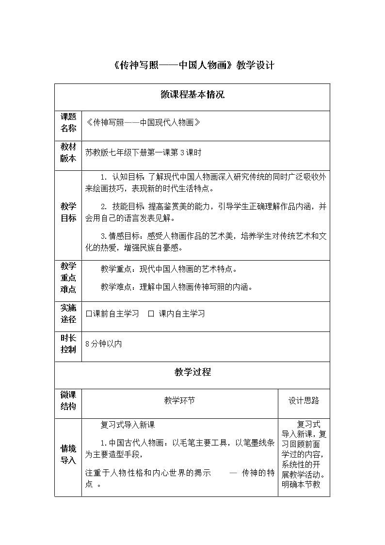 苏教版七年级下册第一课第3课时《传神写照——中国人物画》教学设计01