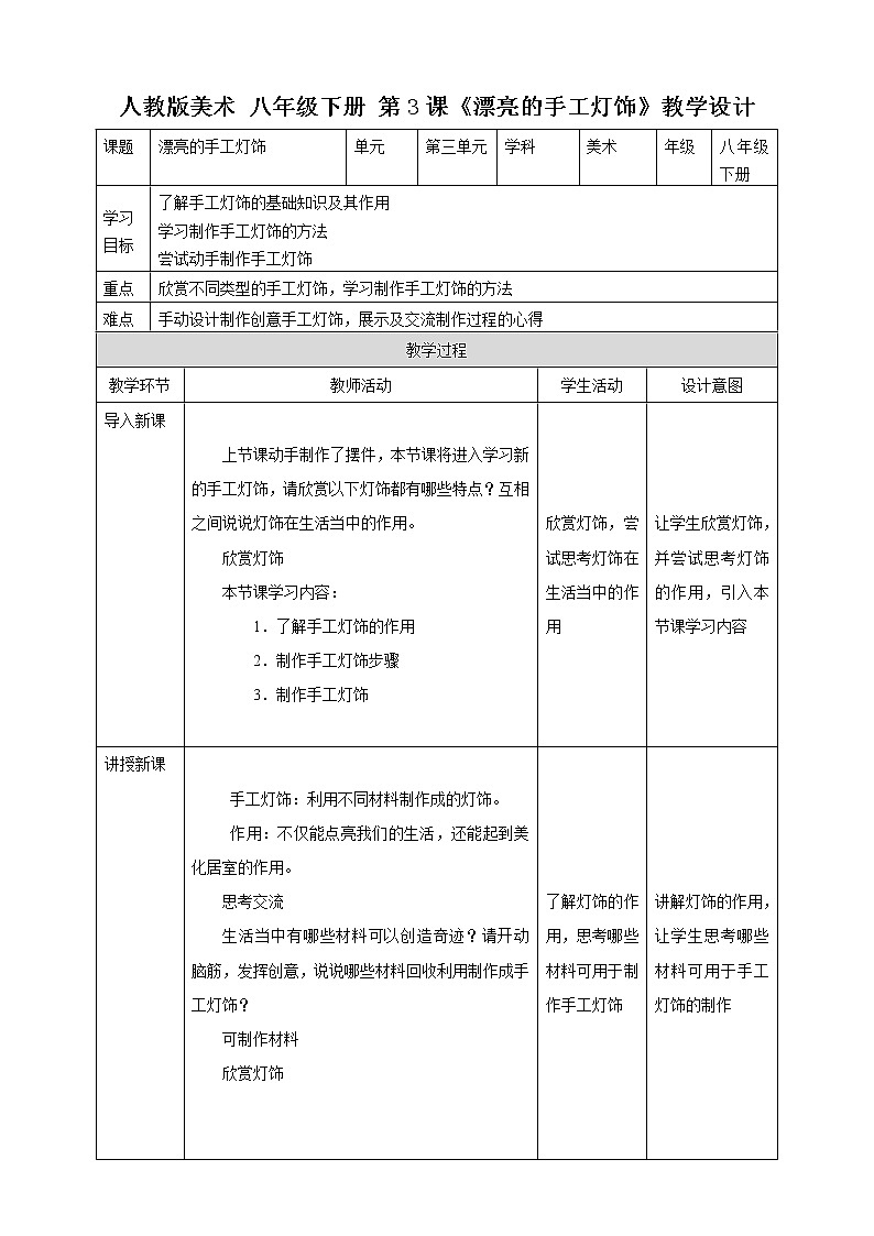 【人教版】八下美术 3.3 漂亮的手工灯饰 (课件+教案)01