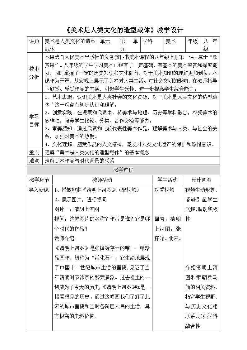 【核心素养】人美版美术八上 第1课《美术是人类文化的造型载体》课件+教案01
