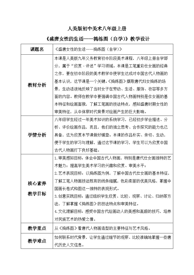 【核心素养目标】人美版初中美术八年级上册 《盛唐女性的生活——捣练图(自学)》教案第1页