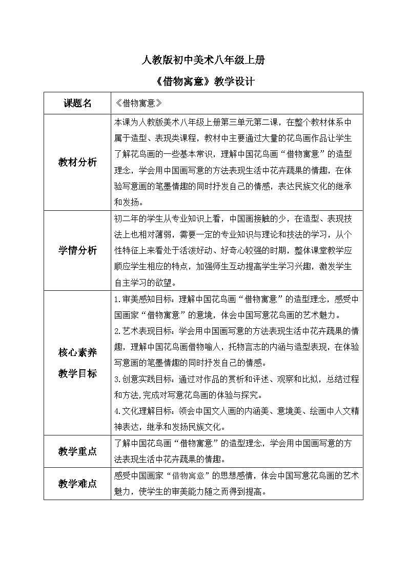 【核心素养目标】人教版初中美术八年级上册 《借物寓意》教案01