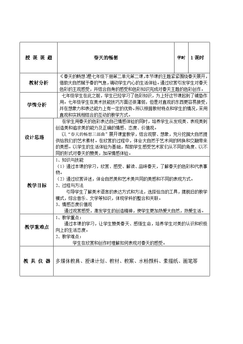 人教版初中美術(shù)七年級(jí)下冊(cè) 第二單元  第2課 春天的暢想   教案3第1頁(yè)