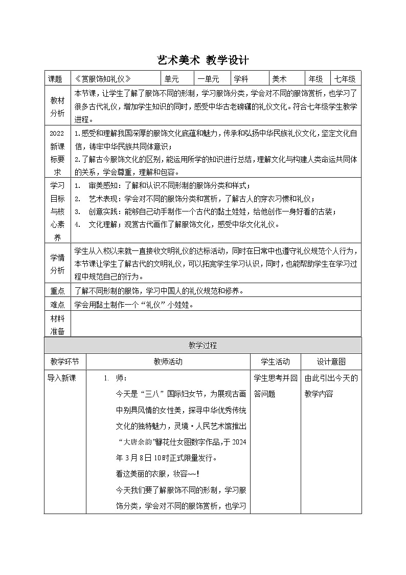 【新教材新课标】岭南版美术七上第3课《赏服饰知礼仪》核心素养教案+课件01