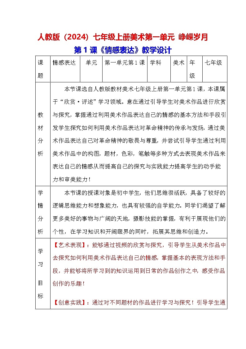 人教版(2024)七年级上册美术第一单元 峥嵘岁月 教学设计(3课)第1页