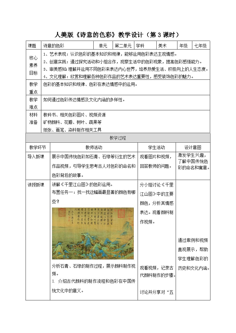 第2单元第3课《诗意的色彩》教学设计 2024—2025学年人美版(2024)初中美术七年级上册第1页