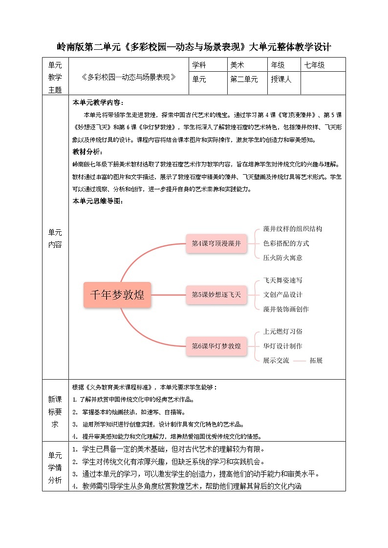 【大單元教學(xué)】新教材嶺南美版七下第二單元《千年夢敦煌》大單元整體教學(xué)設(shè)計第1頁