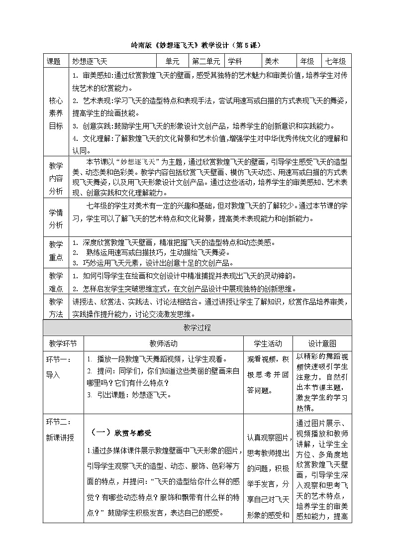 【大單元教學(xué)】新教材嶺南美版七下第二單元第5課《妙想逐飛天》教案第1頁