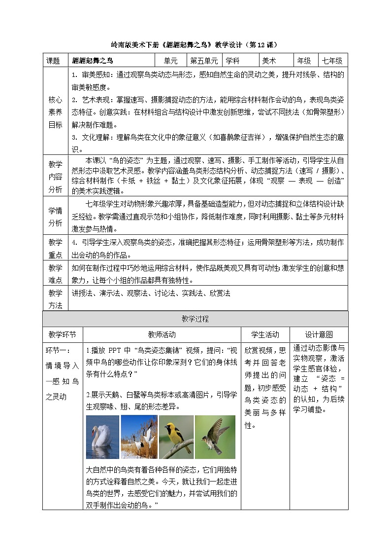 第12課《翩翩起舞之鳥(niǎo)》核心素養(yǎng)教學(xué)設(shè)計(jì)第1頁(yè)