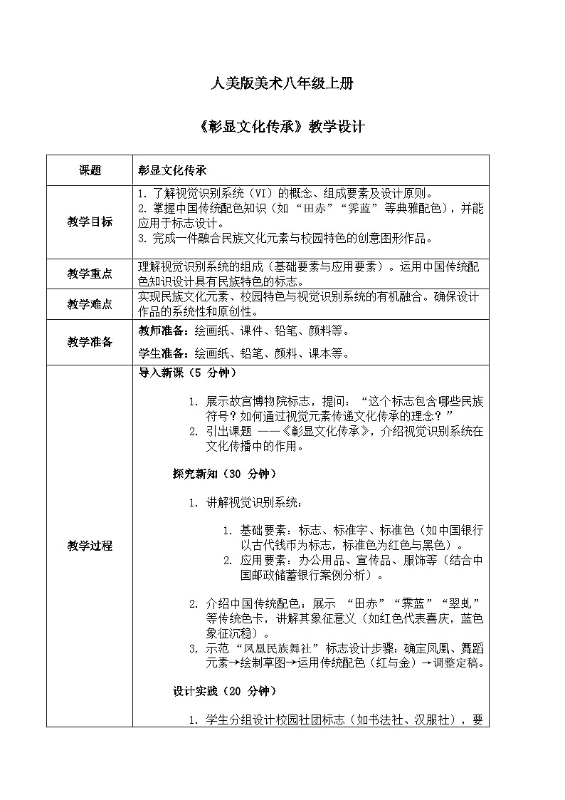 (人美版)八年級(jí)美術(shù)第十課彰顯文化傳承 教案第1頁(yè)