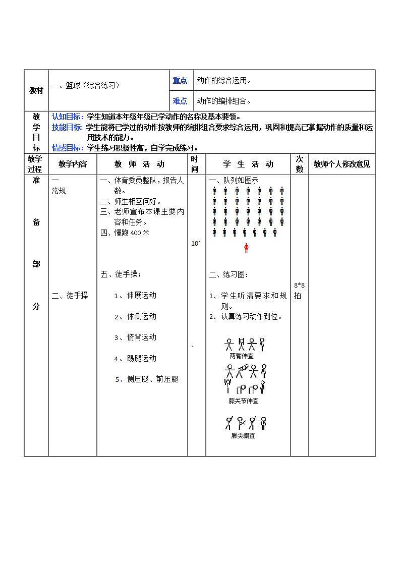 人教版初中体育 八年级全一册 篮球综合练习 教案第1页