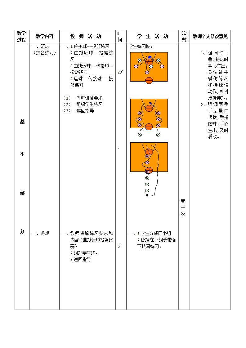 人教版初中体育 八年级全一册 篮球综合练习 教案第2页