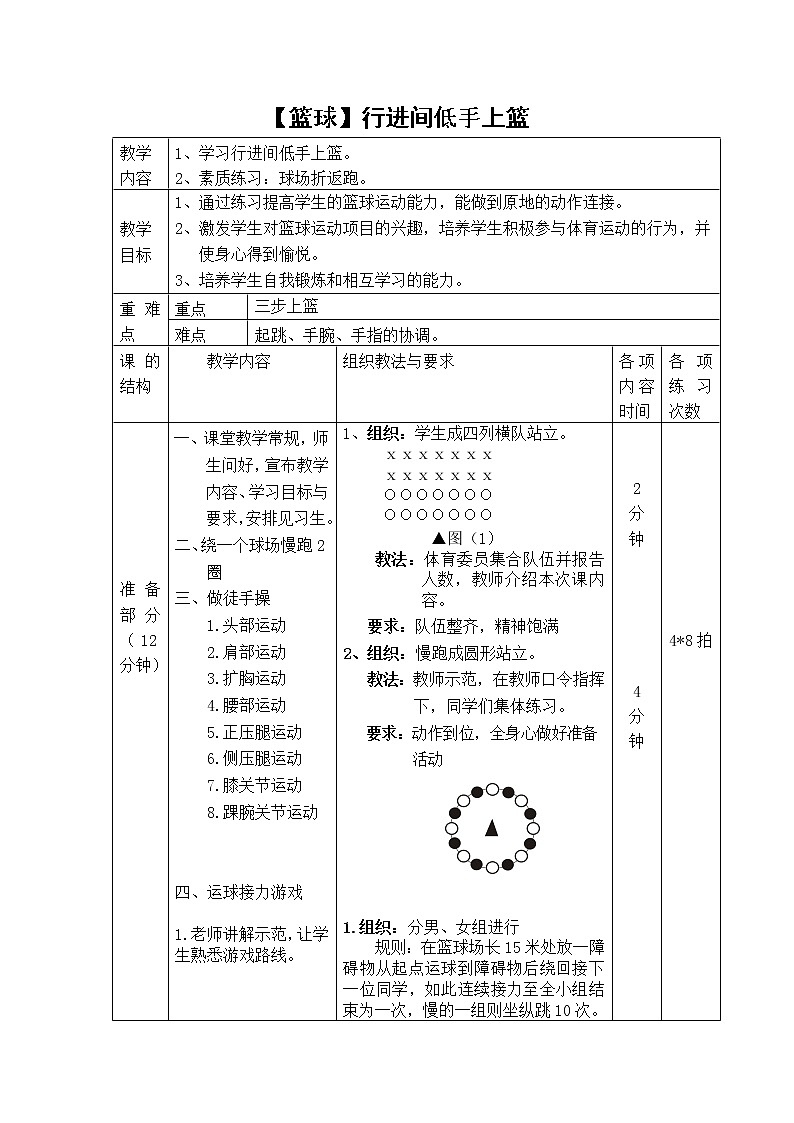 华东师大版七年级体育与健康 3.1球类运动的基本技术 行进间低手上篮 教案01