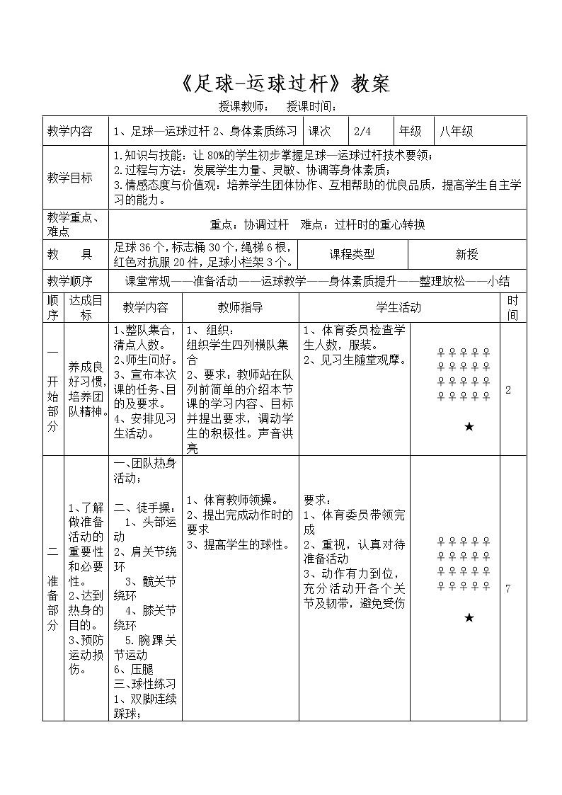 第三章 足球-运球过杆 教案-2021-2022学年《体育与健康》(水平四)人教版八年级全一册-第1页