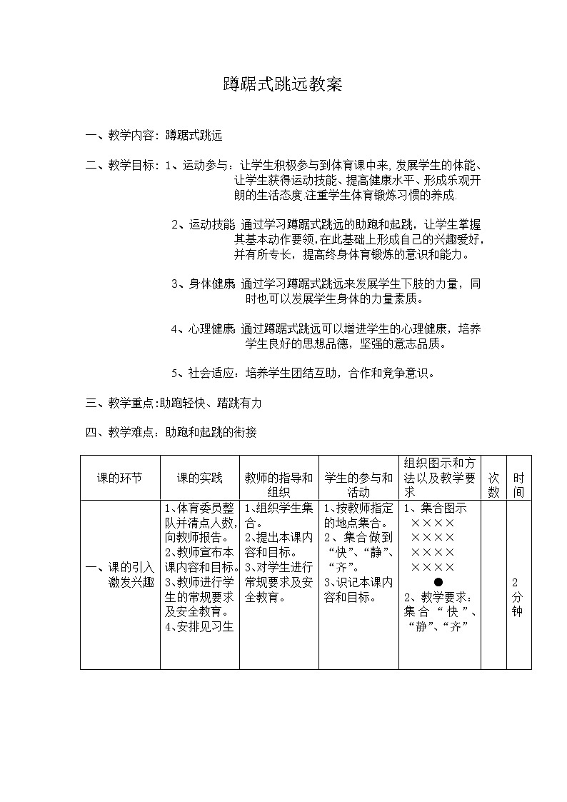 人教版七年级体育 2.2跳 蹲踞式跳远 教案第1页