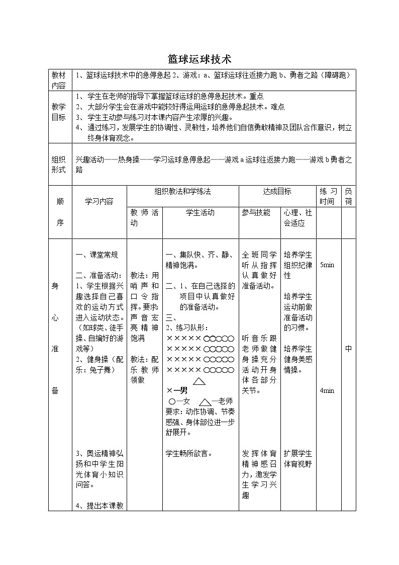 人教版七年级体育 4.1篮球 行进间、体前变向换手运球 教案01