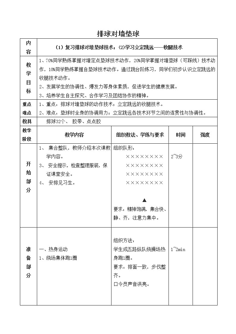第五章排球——排球双手对墙垫球技术教案2021—2022学年人教版体育与健康八年级全一册01