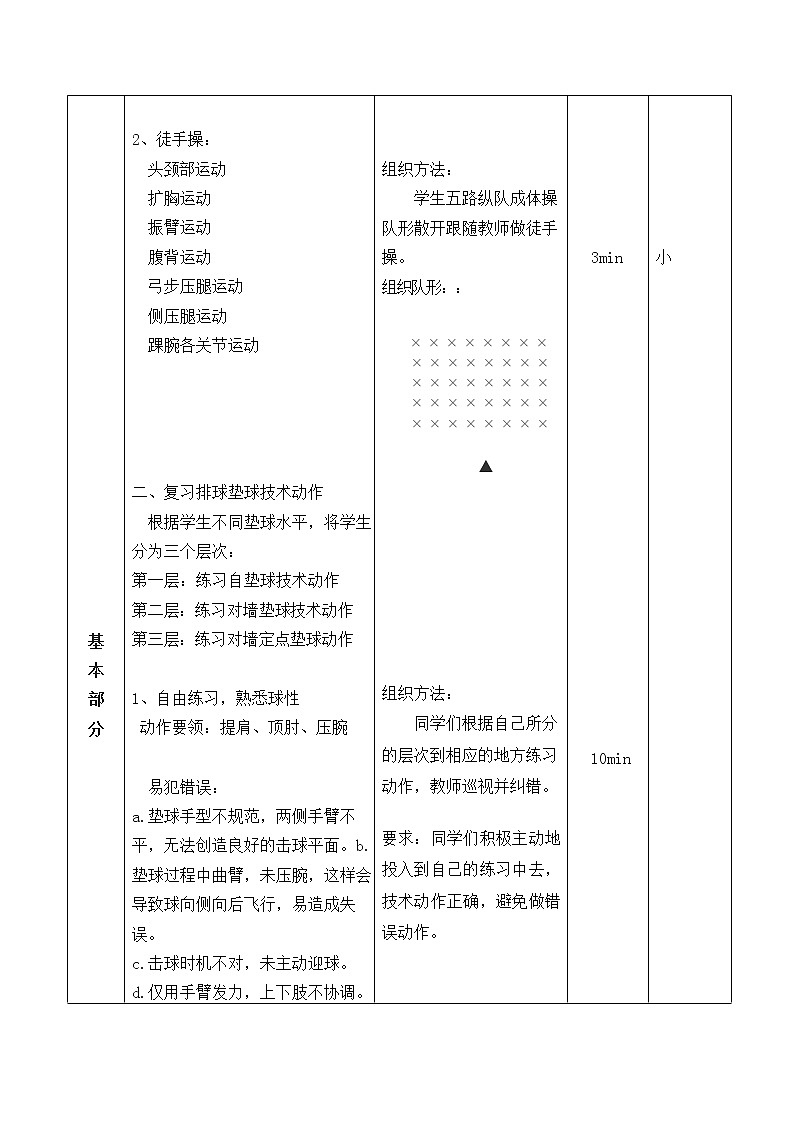 第五章排球——排球双手对墙垫球技术教案2021—2022学年人教版体育与健康八年级全一册02