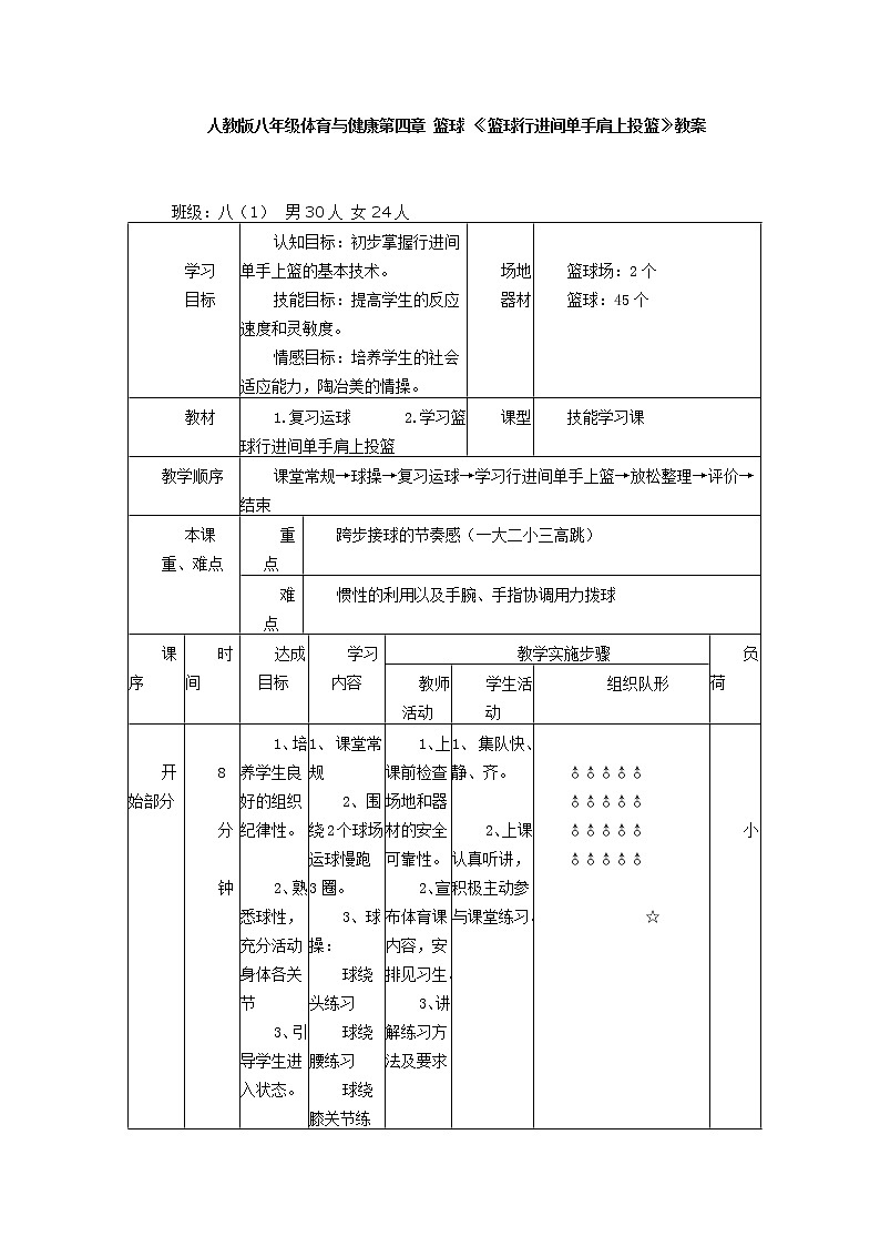 人教版八年级体育与健康第四章 篮球 《篮球行进间单手肩上投篮》教案01