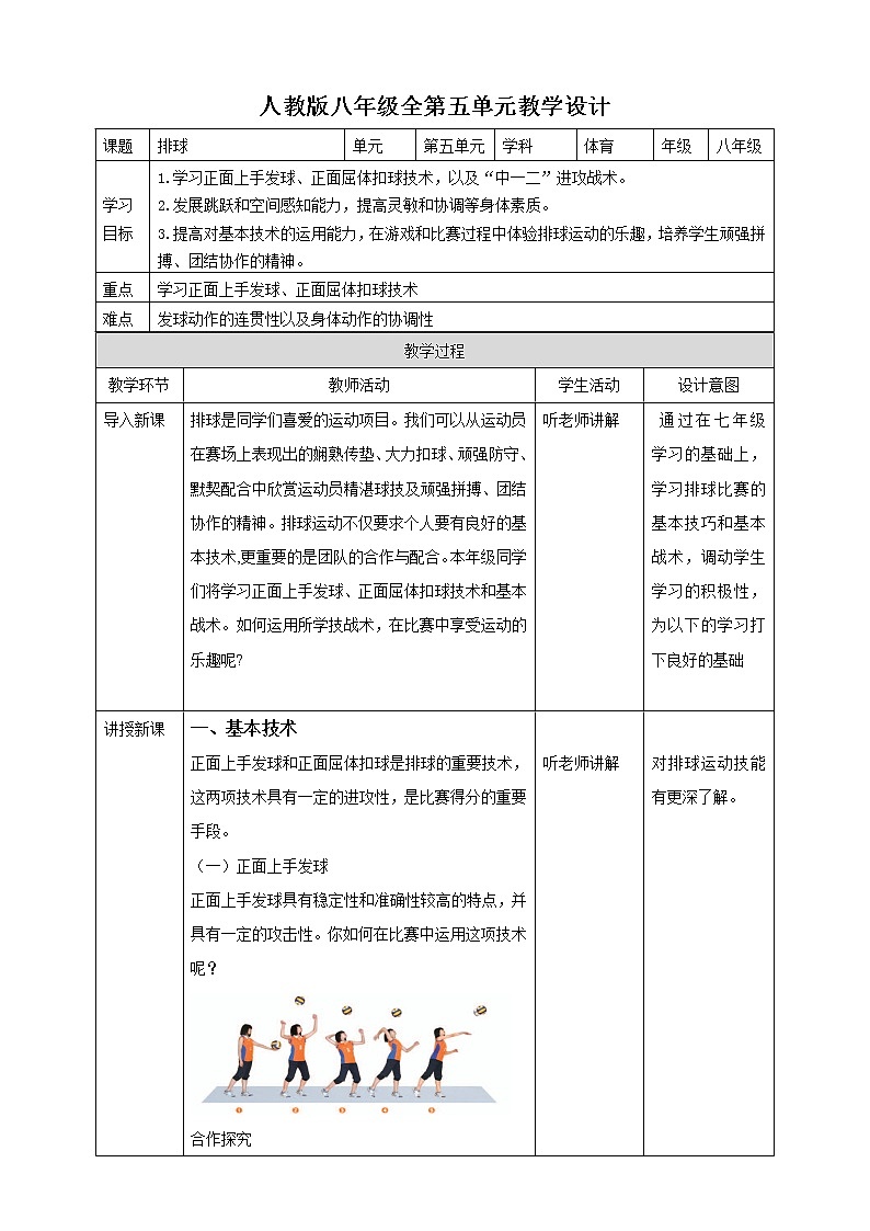 人教八年级 第五章《排球》课件+教案01