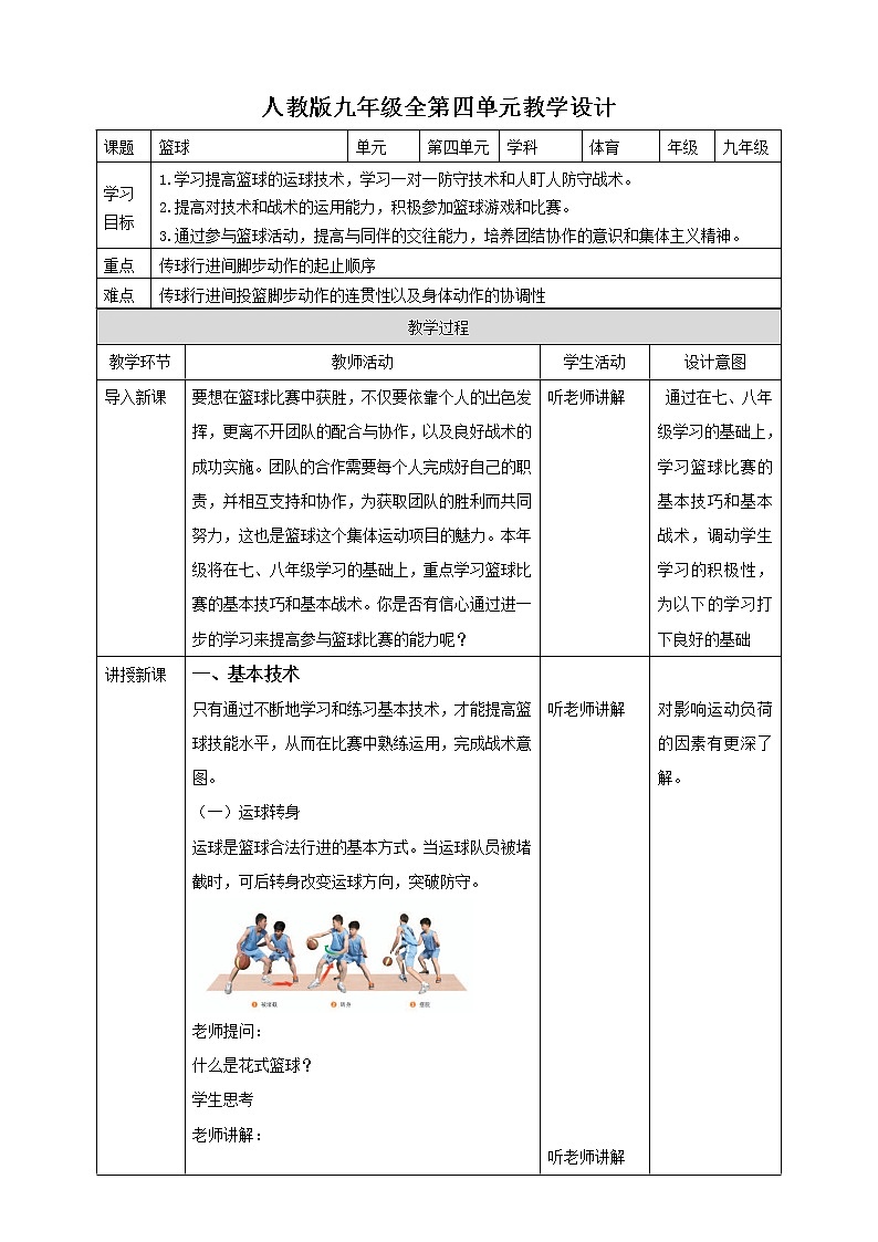 人教版初中体育与健康九年级 第四章《篮球》 课件+教案01